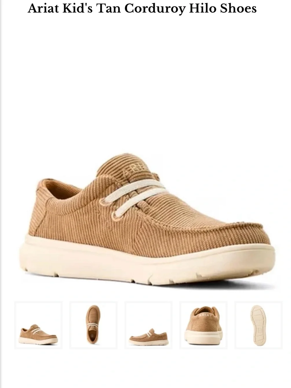 Ariat Kids Corduroy Slip-On Loafers in Light Brown with White Laces